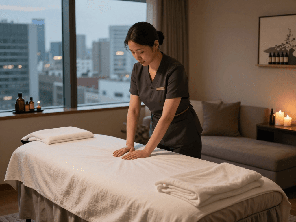 서울출장안마 luxury service with a professional masseuse in a cozy hotel room.