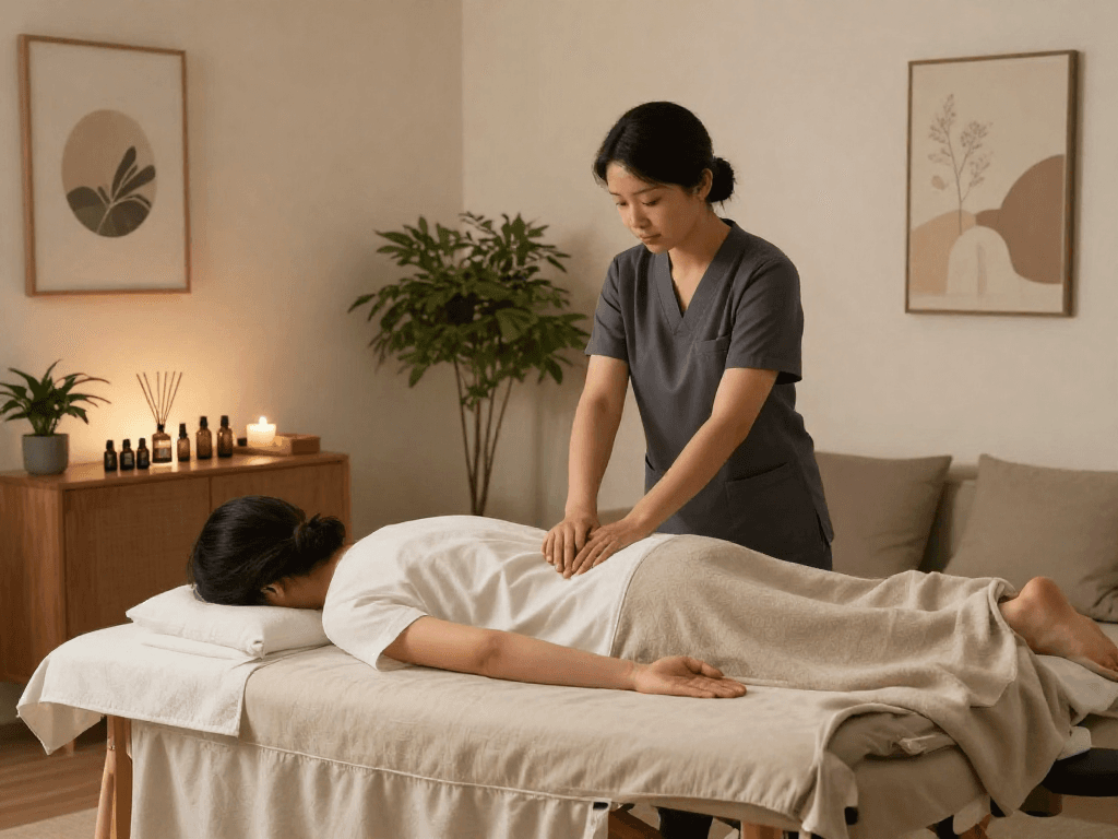 송파출장안마 service in a serene home setting with a therapist providing relaxation therapy.