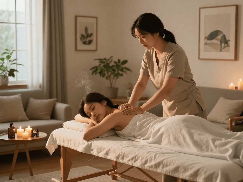 Experience serene 동작구출장마사지 in a cozy home setting with a relaxing atmosphere and professional therapist.